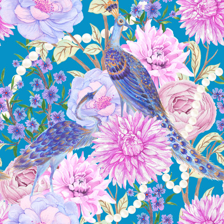 Traditional Mughal Eastern Mural Illustration, wonderland Wallpaper, Botanical animal Garden seamless Background, Wedding Invitation.の写真素材