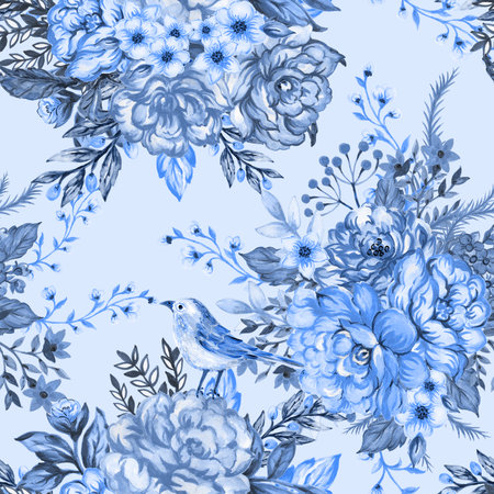 Seamless pattern with birdcages, flowers and birds.and flowers watercolor Classical art, vintage buds of wild roses. Template for design of clothesの写真素材