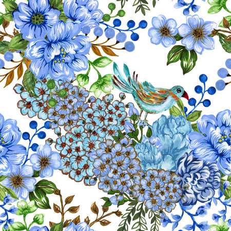 Seamless pattern with birdcages, flowers and birds.and flowers watercolor Classical art, vintage buds of wild roses. Template for design of clothesの写真素材