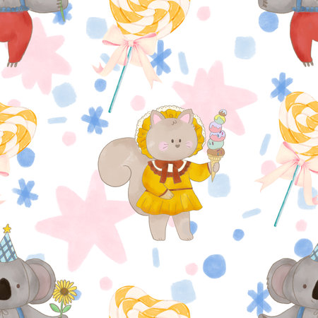Birthday, Holiday, Anniversary cute animal party seamless pattern Festive decor like celebration sweets, gifts  illustration hand drawnの写真素材