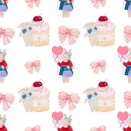 Birthday, Holiday, Anniversary cute animal party seamless pattern Festive decor like celebration sweets, gifts  illustration hand drawnの写真素材