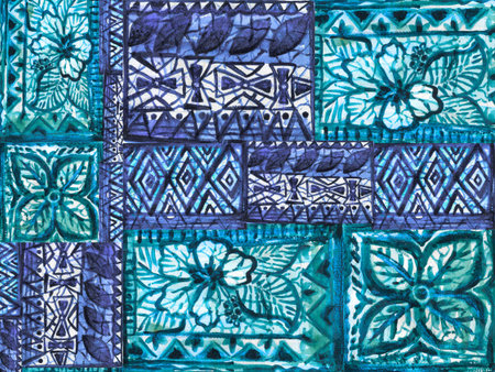 Hand Painted Watercolor Blue Tropical Jungle Seamless Pattern, Botanical hibiscus leaf symbol...