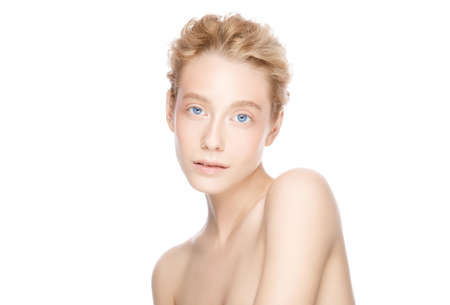 Skin care treatment or cosmetic ads concept. Beauty woman face with blue eyesの写真素材