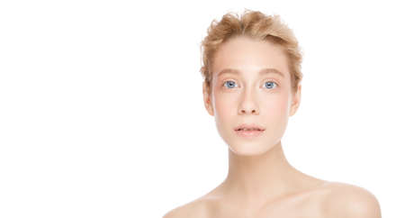 Banner of a young beautiful blonde woman with blue eyes standingの写真素材