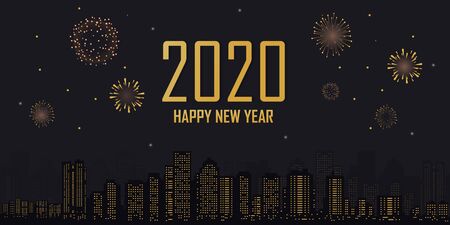 Happy new year 2020 city background with fireworks in the night. Vector