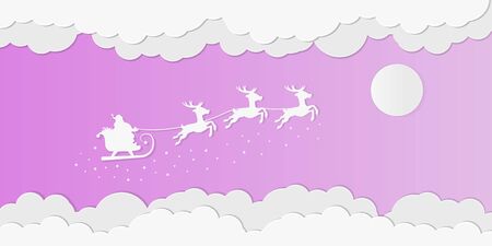 Paper cut style illustration with santa claus and deers flying in the sky.のイラスト素材