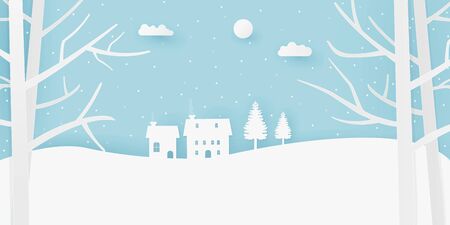Landscape snowy scenery paper art illustration style design with tree, cloud, sun and houses.のイラスト素材