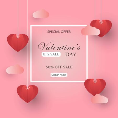 Valentine's Day Special Offer Sale Illustration in the pink background, with white border, clouds and hanging origami heartsのイラスト素材
