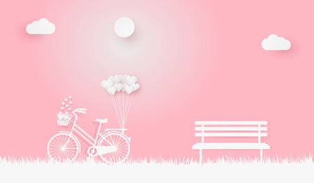 Valentine's scenery illustration design in paper art style with a bicycle, clouds, sun, heart balloons, and bench.のイラスト素材