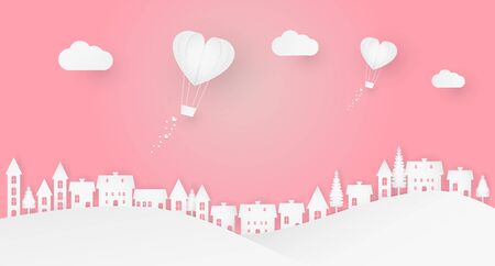 Illustration of valentine's day with clouds, and flying air balloons passing the village. In paper art and digital craft style.のイラスト素材