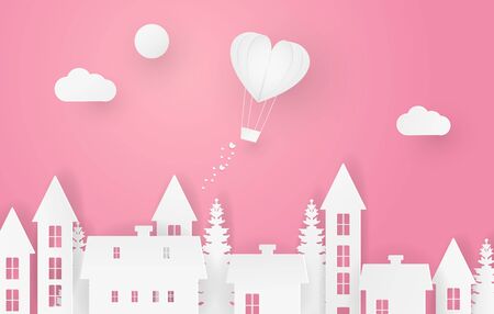 Illustration of valentine's day with sun, clouds, and a flying air balloon in the sky above the village. In paper art and digital craft style.のイラスト素材