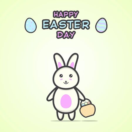 Happy easter day illustration with cute bunny character holding a basket containing eggs on soft green background. Vectorのイラスト素材
