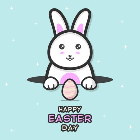 Happy easter day illustration with egg and cute bunny character looking out of the hole, on a blue background. Vectorのイラスト素材