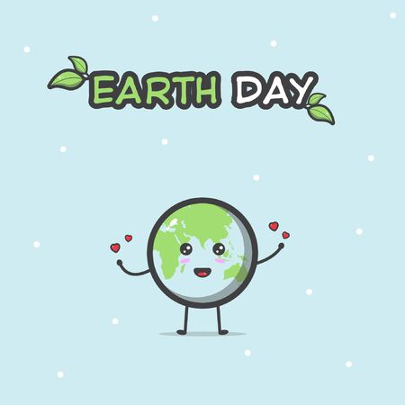 Earth day illustration with cute earth planet character on blue background. Vectorのイラスト素材