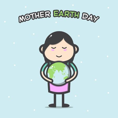 Mother earth day illustration, with a cute female character holding a globe on a blue background. Vectorのイラスト素材