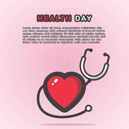 Health day illustration with heart icon, stethoscope, and text on a pink background. Vectorのイラスト素材