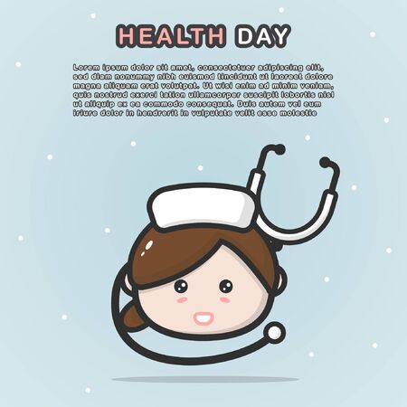 Happy Health Day illustration with cute female doctor/nurses face character, stethoscope, and text. Vectorのイラスト素材