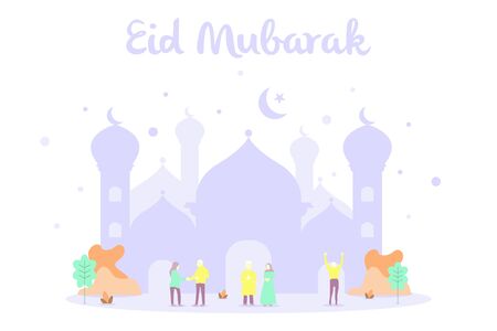Eid Mubarak flat illustration vector design with a mosque, and people. Can be used for poster, banner, greeting card, invitation card, background, wallpaper.のイラスト素材