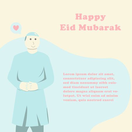 Happy Eid Mubarak with message. Flat illustration vector design with male muslim cartoon character. Can be used for poster, banner, greeting card, invitation card, background, wallpaper.のイラスト素材