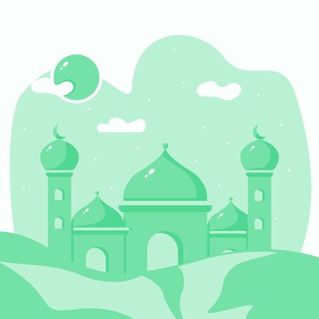 Mosque art flat illustration vector design in green color concept. Can be used for poster, banner, greeting card, invitation card, background, wallpaper.のイラスト素材