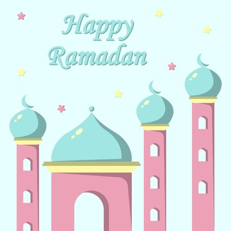 Happy Ramadan flat illustration vector design with Mosque concept. Can be used for poster, banner, greeting card, invitation card, background, wallpaper.のイラスト素材