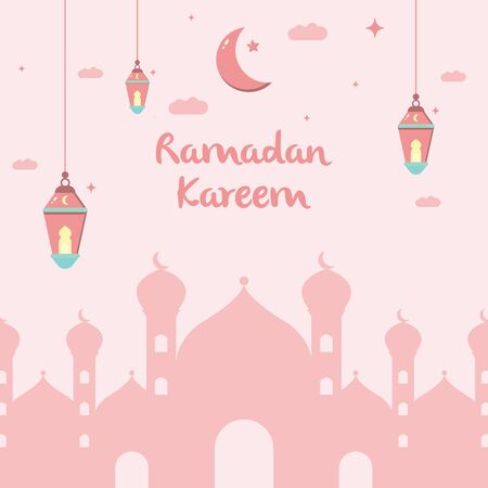 Ramadan Kareem flat illustration vector design with mosque, lanterns, moon, and cloud in pink color concept. Can be used for poster, banner, greeting card, invitation card, background, wallpaper.のイラスト素材