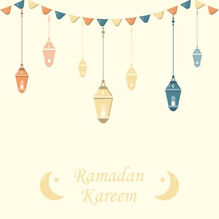 Ramadan Kareem flat illustration vector design with lanterns, ribbon, and moon. Can be used for poster, banner, greeting card, invitation card, background, wallpaper.のイラスト素材