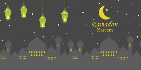 Landscape Ramadan Kareem flat illustration vector design in the night with mosque, lanterns, moon, and stars. Can be used for poster, banner, greeting card, invitation card, background, wallpaper.のイラスト素材