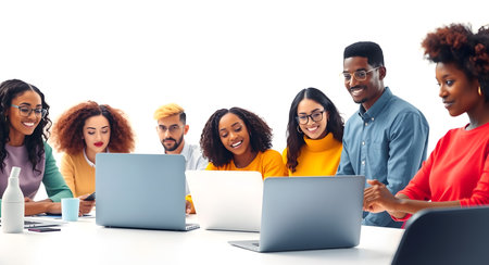 multiethnic startup business team working on laptop and tablet computer at officeの素材