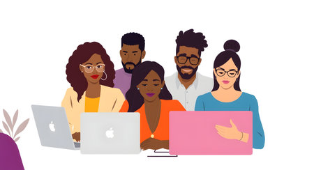 Group of diverse people working on laptops. Teamwork concept. Vector illustration.の素材