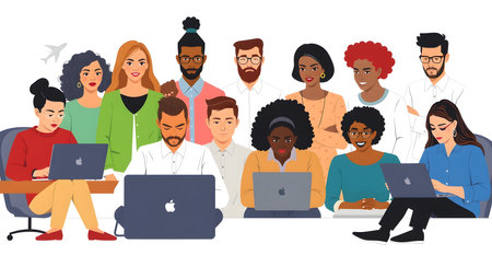 Group of diverse people working on laptops. Teamwork concept. Vector illustrationの素材