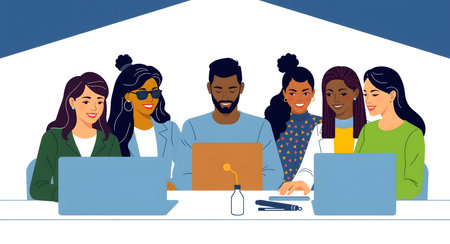 Multiracial group of people working in the office. Vector illustrationの素材