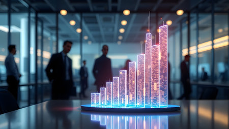 Business chart hologram on dark office background. 3D rendering.の素材