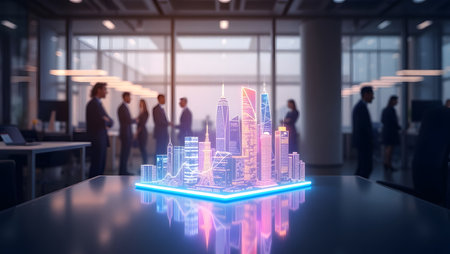 City hologram on black table in modern office interior with business people. 3D renderingの素材