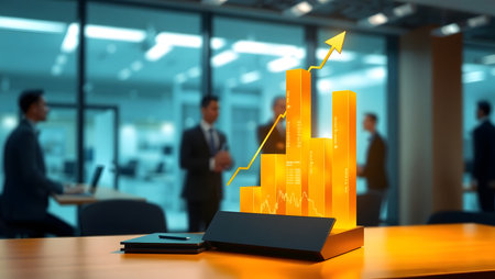 Business graph on table with business people in background. 3d renderingの素材