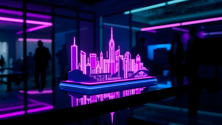 3d rendering of hologram cityscape with neon lights inside glass roomの素材