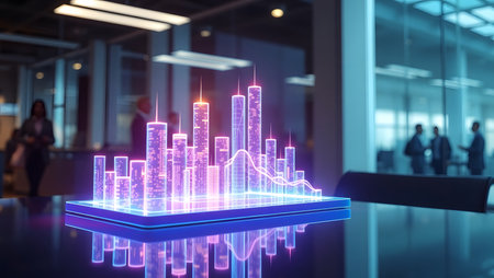 Business graph hologram on glass table in office. 3d renderingの素材