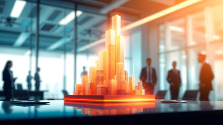 Double exposure of business graph and cityscape on table. Mixed mediaの素材