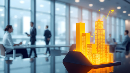 Business people in the office with skyscrapers. 3d renderingの素材