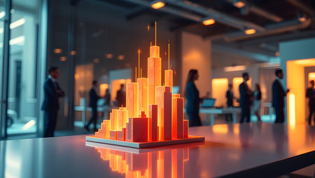 3d rendering business graph on table in office room with people background.の素材