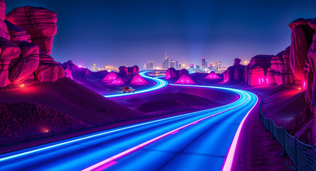 Car light trails on the road in the city at night. 3d renderingの素材