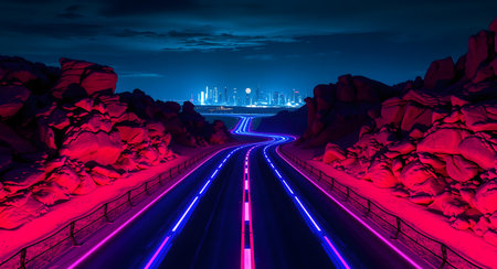 night road with light trails and city skyline in background, long exposureの素材