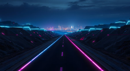 3D rendering of a road in the middle of the night cityの素材