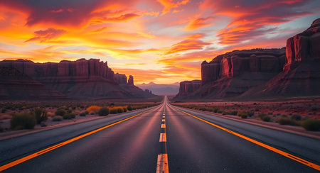 Road in Monument Valley at sunset, Arizona, United States of Americaの素材
