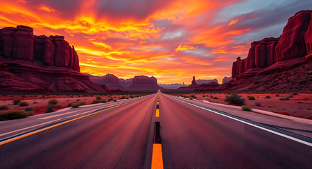 Road in Monument Valley at sunset, Arizona, United States of Americaの素材