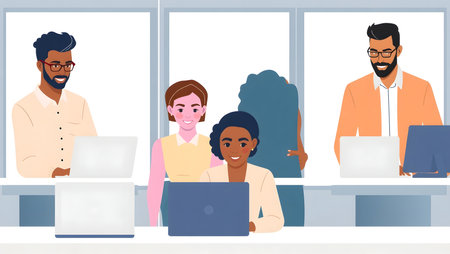Group of business people working on computers in office. Vector illustration.の素材