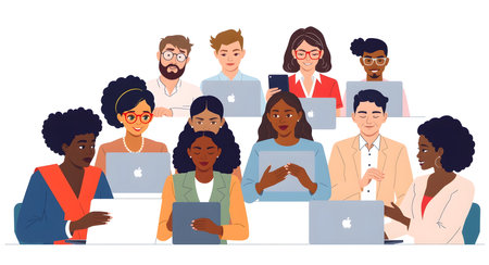 Group of diverse people working on computers. Teamwork concept. Vector illustration.の素材