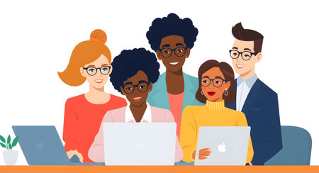 Group of young people working on laptop in office. Flat vector illustration.の素材