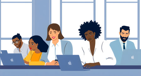 Vector illustration of a group of business people working on laptops in the officeの素材