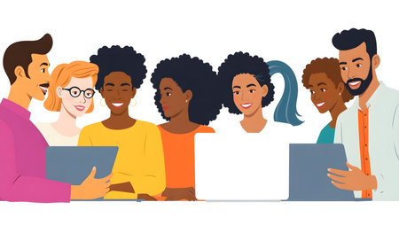 Vector illustration of a group of young people working on a laptop.の素材